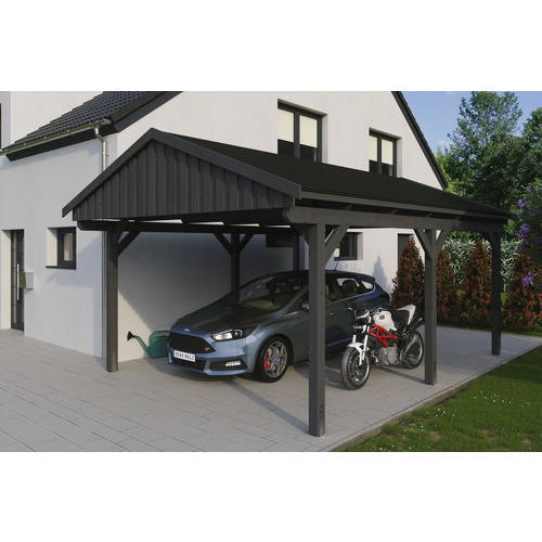 SKANHOLZ Carport »Fichtelberg«, BxT: 423 x 566 cm, Firsthöhe: 326 cm, lasiert – grau