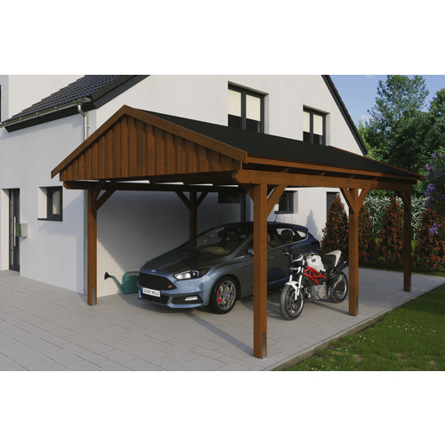 SKANHOLZ Carport »Fichtelberg«, BxT: 423 x 566 cm, Firsthöhe: 326 cm, lasiert – braun