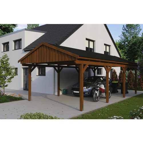 SKANHOLZ Carport »Fichtelberg«, BxT: 423 x 808 cm, Firsthöhe: 326 cm, lasiert – braun