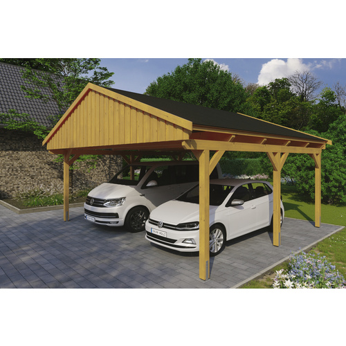 SKANHOLZ Carport »Fichtelberg«, BxT: 618 x 566 cm, Firsthöhe: 362 cm, lasiert – beige