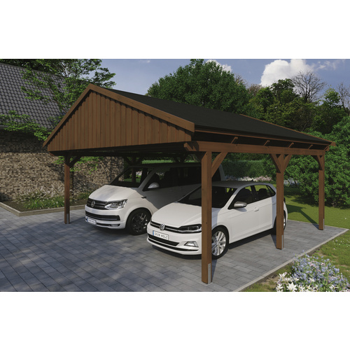 SKANHOLZ Carport »Fichtelberg«, BxT: 618 x 566 cm, Firsthöhe: 362 cm, lasiert – braun