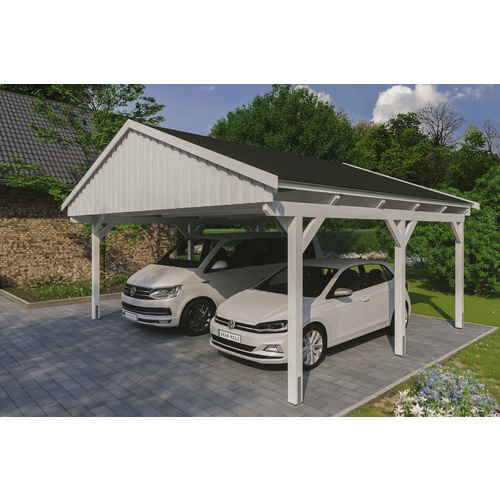 SKANHOLZ Carport »Fichtelberg«, BxT: 618 x 566 cm, Firsthöhe: 362 cm, lasiert – weiss