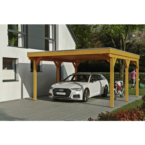 SKANHOLZ Carport »Grunewald«, BxT: 427 x 554 cm, Firsthöhe: 251 cm, lasiert – beige