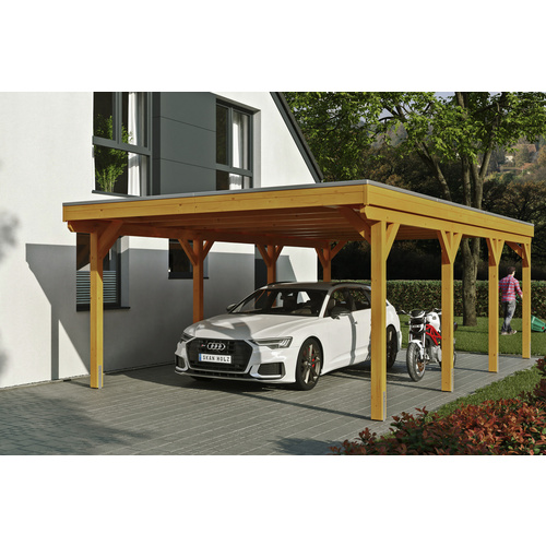 SKANHOLZ Carport »Grunewald«, BxT: 427 x 796 cm, Firsthöhe: 251 cm, lasiert - beige