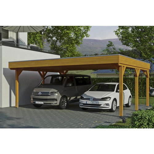 SKANHOLZ Carport »Grunewald«, BxT: 622 x 554 cm, Firsthöhe: 255 cm, lasiert – beige