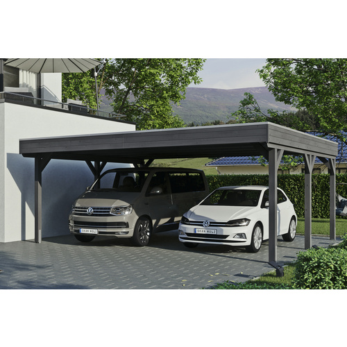 SKANHOLZ Carport »Grunewald«, BxT: 622 x 554 cm, Firsthöhe: 255 cm, lasiert – grau