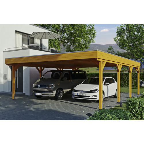 SKANHOLZ Carport »Grunewald«, BxT: 622 x 796 cm, Firsthöhe: 255 cm, lasiert – beige