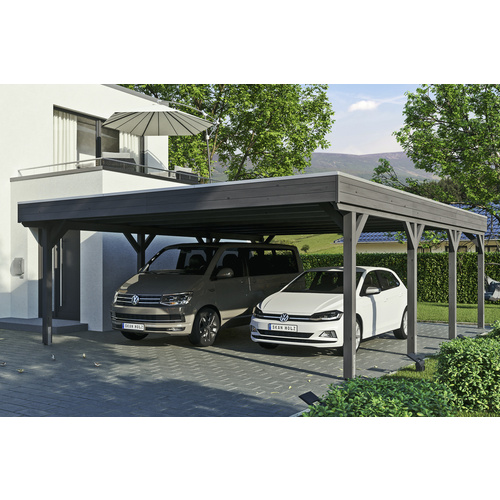 SKANHOLZ Carport »Grunewald«, BxT: 622 x 796 cm, Firsthöhe: 255 cm, lasiert - grau