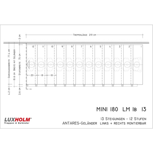 Luxholm Nebentreppe »Mini 180«, 12 Stufen, max. Geschosshöhe 264 cm - grau