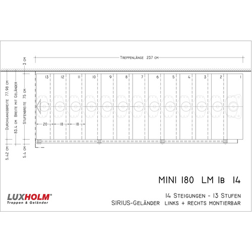 Luxholm Nebentreppe »Mini 180«, 13 Stufen, max. Geschosshöhe 284 cm - rot