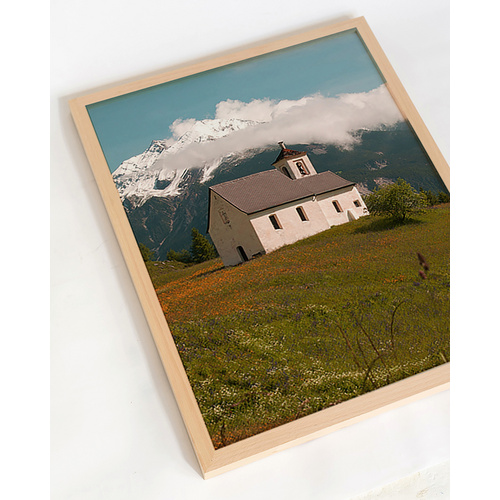 ANY IMAGE Digitaldruck »Kirche in die Alpen«, Rahmen: Buchenholz, natur - braun