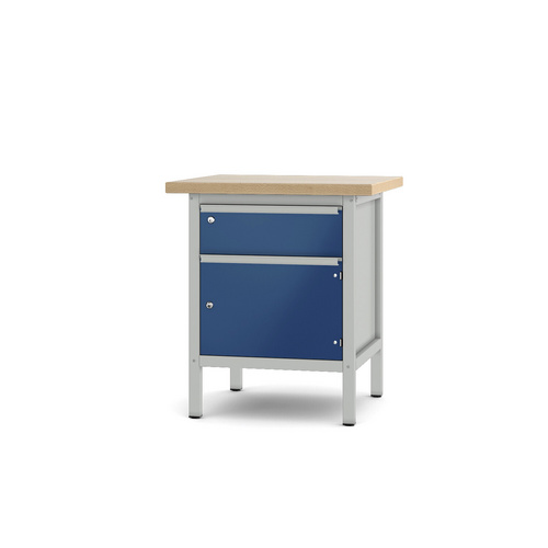 Pador Werkbank Baureihe 1 - 1 Schublade 1 Tür 75 cm Lichtgrau-Enzianblau