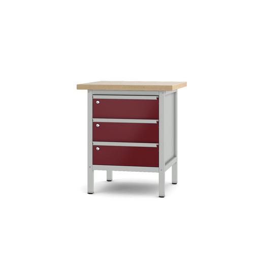 Pador Werkbank Baureihe 1 - 3 Schubladen 75 cm Lichtgrau-Rubinrot
