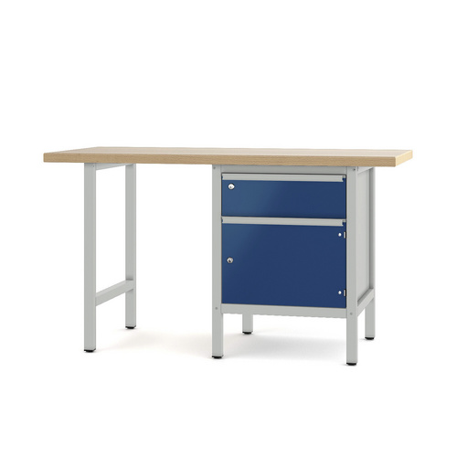 Pador Werkbank Baureihe 1 - 1 Schublade 1 Tür 150 cm Lichtgrau-Enzianblau