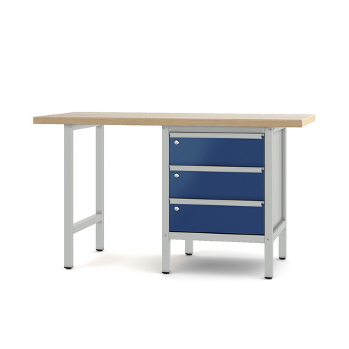 Pador Werkbank Baureihe 1 - 3 Schubladen 150 cm Lichtgrau-Enzianblau