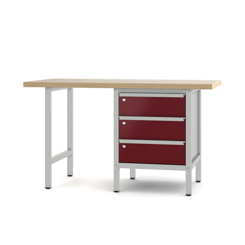 Pador Werkbank Baureihe 1 - 3 Schubladen 150 cm Lichtgrau-Rubinrot
