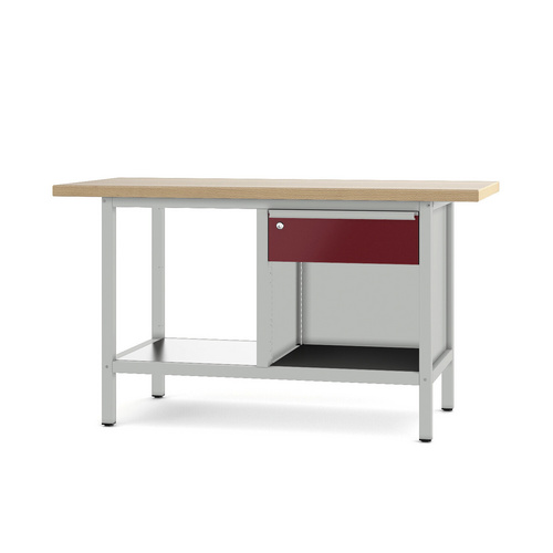 Pador Werkbank Baureihe 2 - 1 Schublade 150 cm Lichtgrau-Rubinrot