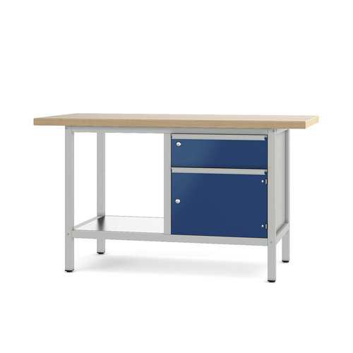 Pador Werkbank Baureihe 2 - 1 Schublade 1 Tür 150 cm Lichtgrau-Enzianblau