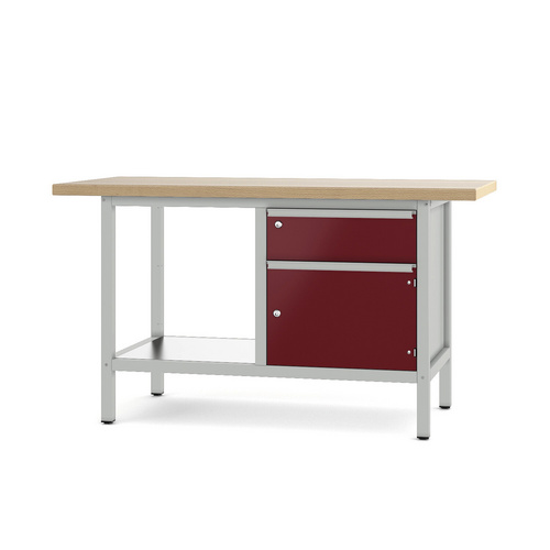 Pador Werkbank Baureihe 2 - 1 Schublade 1 Tür 150 cm Lichtgrau-Rubinrot