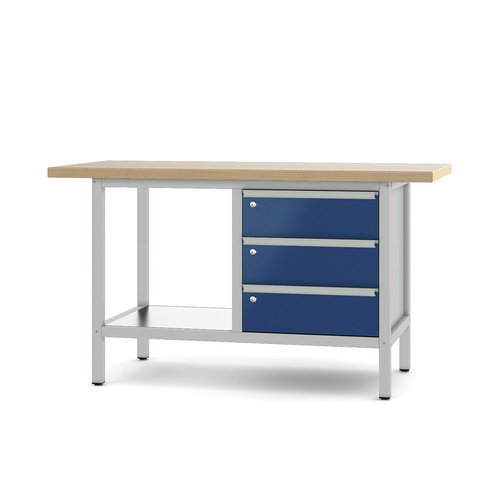 Pador Werkbank Baureihe 2 - 3 Schubladen 150 cm Lichtgrau-Enzianblau