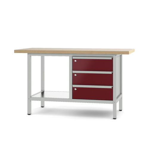 Pador Werkbank Baureihe 2 - 3 Schubladen 150 cm Lichtgrau-Rubinrot