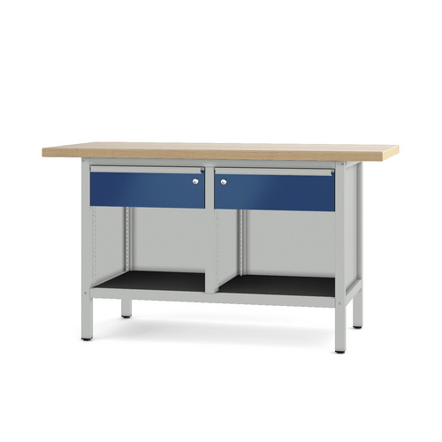 Pador Werkbank Baureihe 2 - 2 Schubladen 150 cm Lichtgrau-Enzianblau