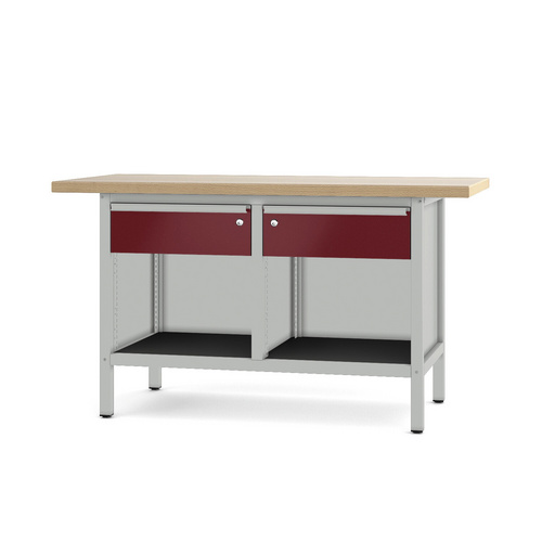 Pador Werkbank Baureihe 2 - 2 Schubladen 150 cm Lichtgrau-Rubinrot