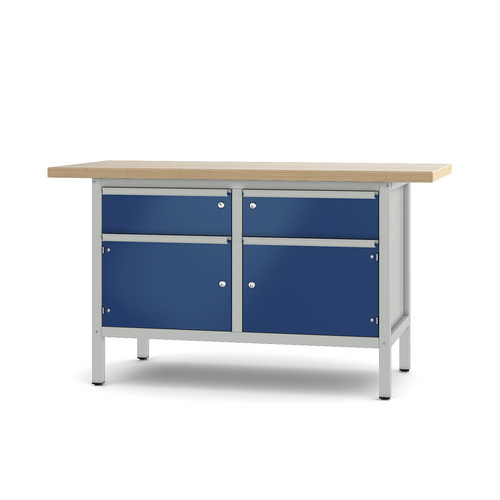 Pador Werkbank Baureihe 2 - 2 Schubladen 2 Türen 150 cm Lichtgrau-Enzianblau