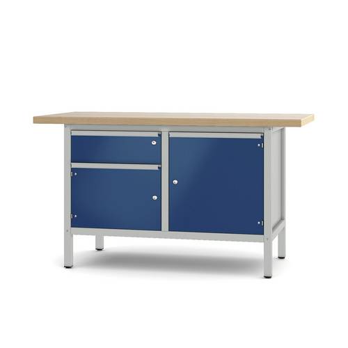 Pador Werkbank Baureihe 2 - 1 Schublade 2 Türen 150 cm Lichtgrau-Enzianblau