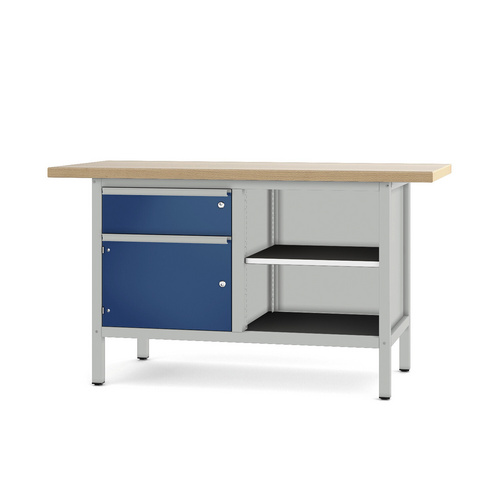 Pador Werkbank Baureihe 2 - 1 Schublade 1 Tür 150 cm Lichtgrau-Enzianblau