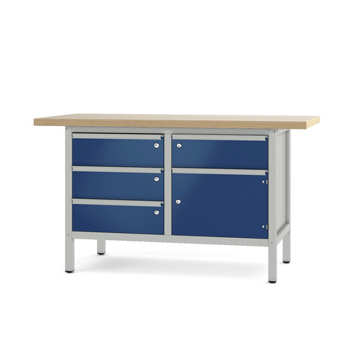Pador Werkbank Baureihe 2 - 4 Schubladen 1 Tür 150 cm Lichtgrau-Enzianblau