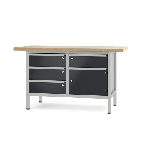 Pador Werkbank Baureihe 2 - 4 Schubladen 1 Tür 150 cm Lichtgrau-Anthrazitgrau