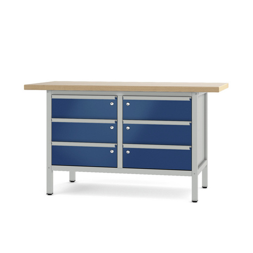 Pador Werkbank Baureihe 2 - 6 Schubladen 150 cm Lichtgrau-Enzianblau