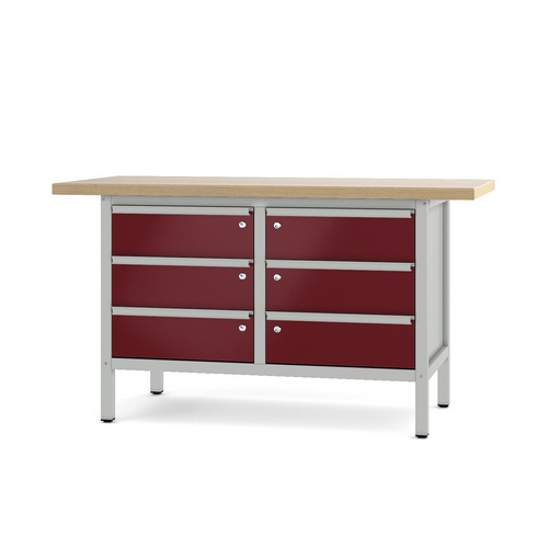 Pador Werkbank Baureihe 2 - 6 Schubladen 150 cm Lichtgrau-Rubinrot