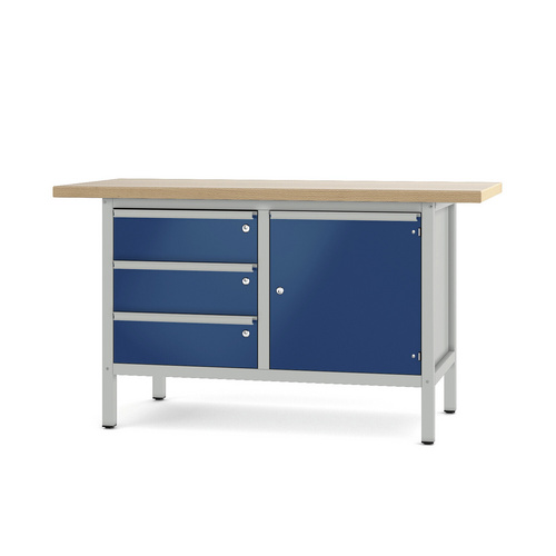 Pador Werkbank Baureihe 2 - 3 Schubladen 1 Tür 150 cm Lichtgrau-Enzianblau