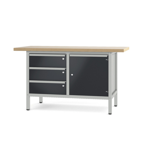Pador Werkbank Baureihe 2 - 3 Schubladen 1 Tür 150 cm Lichtgrau-Anthrazitgrau