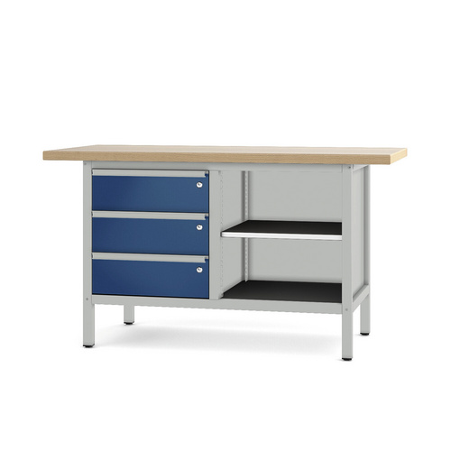 Pador Werkbank Baureihe 2 - 3 Schubladen 150 cm Lichtgrau-Enzianblau