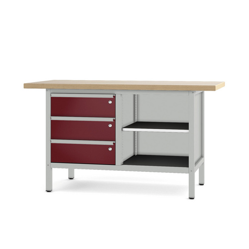 Pador Werkbank Baureihe 2 - 3 Schubladen 150 cm Lichtgrau-Rubinrot