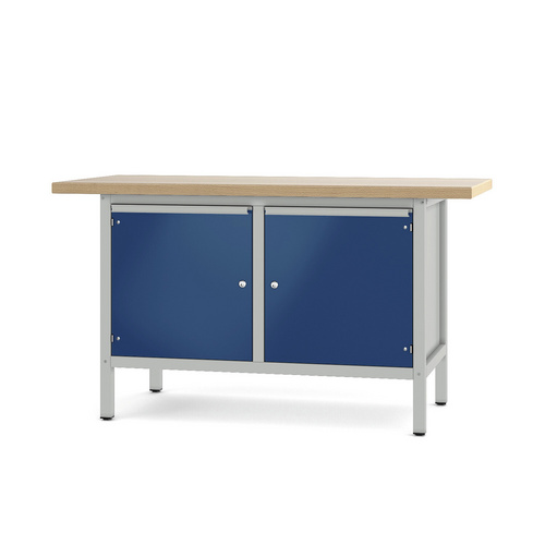 Pador Werkbank Baureihe 2 - 2 Türen 150 cm Lichtgrau-Enzianblau