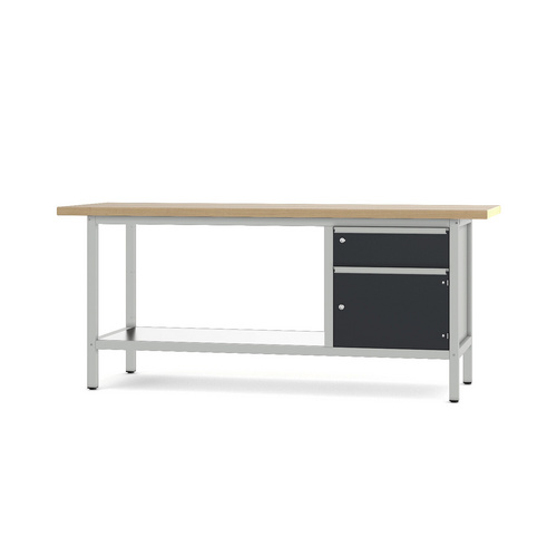 Pador Werkbank Baureihe 3 - 1 Schublade 1 Tür 200 cm Lichtgrau-Anthrazitgrau