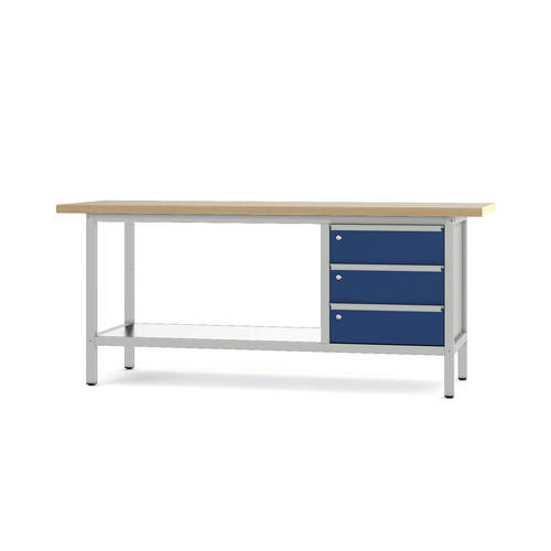 Pador Werkbank Baureihe 3 - 3 Schubladen 200 cm Lichtgrau-Enzianblau
