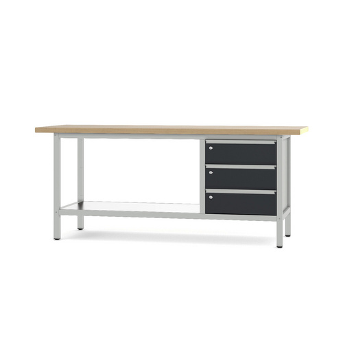 Pador Werkbank Baureihe 3 - 3 Schubladen 200 cm Lichtgrau-Anthrazitgrau