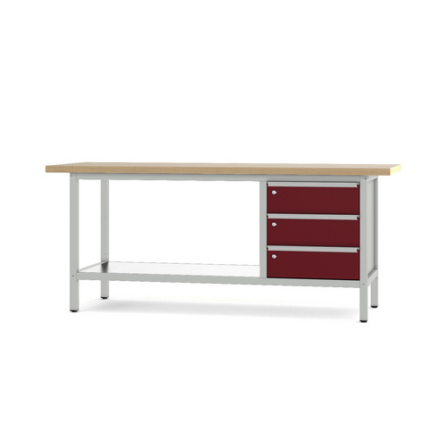 Pador Werkbank Baureihe 3 - 3 Schubladen 200 cm Lichtgrau-Rubinrot