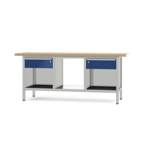Pador Werkbank Baureihe 3 - 2 Schubladen 200 cm Lichtgrau-Enzianblau