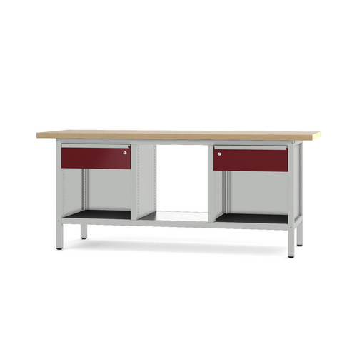 Pador Werkbank Baureihe 3 - 2 Schubladen 200 cm Lichtgrau-Rubinrot