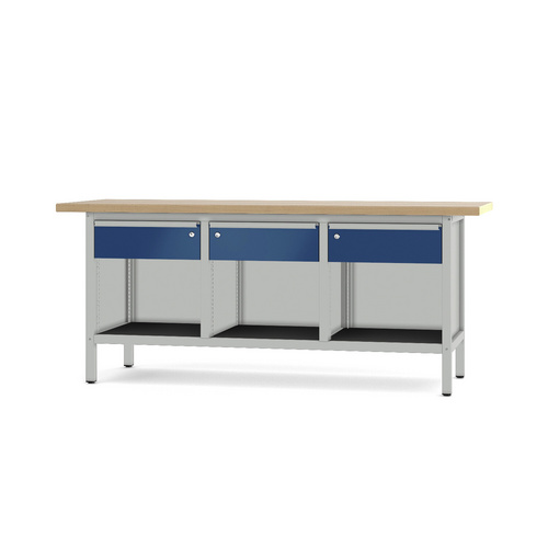 Pador Werkbank Baureihe 3 - 3 Schubladen 200 cm Lichtgrau-Enzianblau