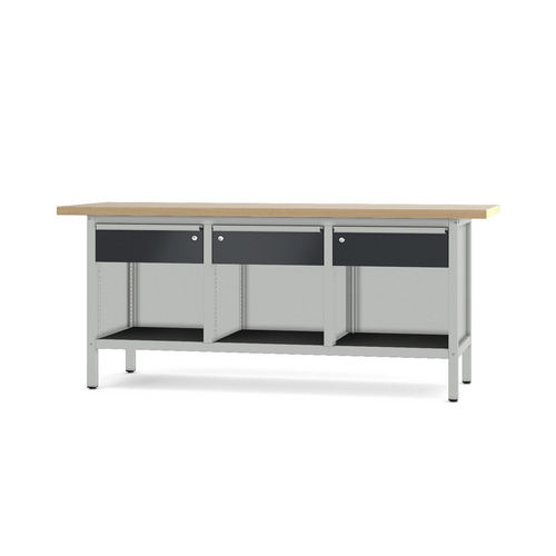 Pador Werkbank Baureihe 3 - 3 Schubladen 200 cm Lichtgrau-Anthrazitgrau