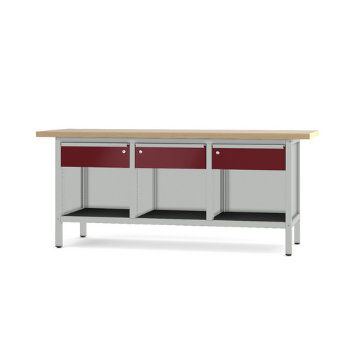 Pador Werkbank Baureihe 3 - 3 Schubladen 200 cm Lichtgrau-Rubinrot