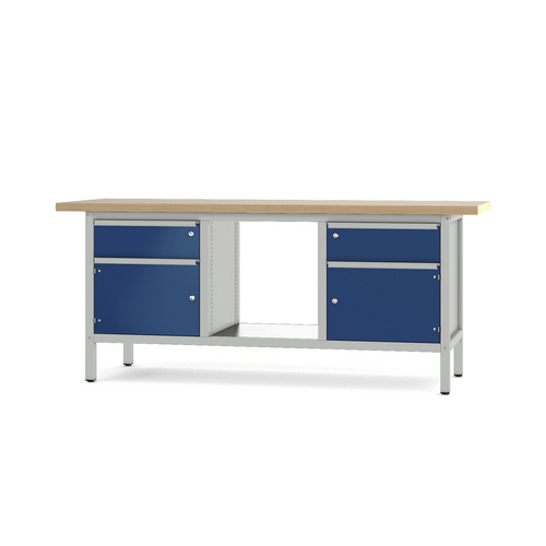 Pador Werkbank Baureihe 3 - 2 Schubladen 2 Türen 200 cm Lichtgrau-Enzianblau