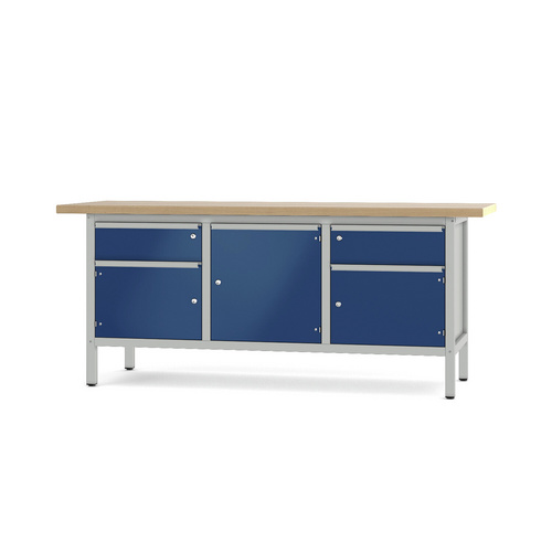 Pador Werkbank Baureihe 3 - 2 Schubladen 3 Türen 200 cm Lichtgrau-Enzianblau